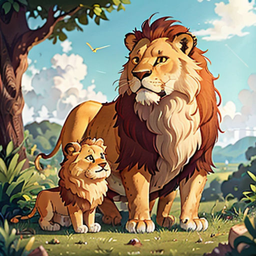 a lion and a cub standing in the grass by a tree with clouds in the background and a sky with clouds