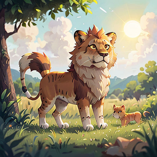 a lion and her cubs in a forest with a sun in the background and clouds in the sky above