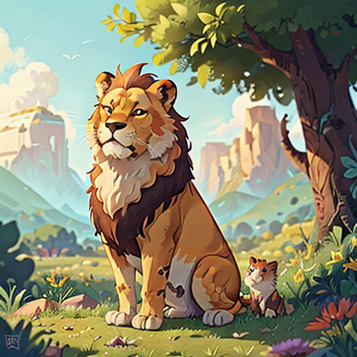 a lion and a kitten sitting in the grass near trees and mountains with a sky background and clouds above