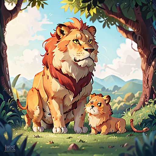 a lion and her cub in the jungle by a tree with mountains in the background and clouds in the sky
