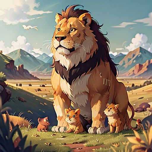 a lion and two cubs in a field with mountains in the background and clouds in the sky above them