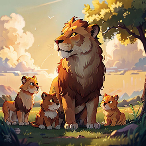 a lion family sitting in the grass under a tree with a sky background and clouds in the background, with a sunset