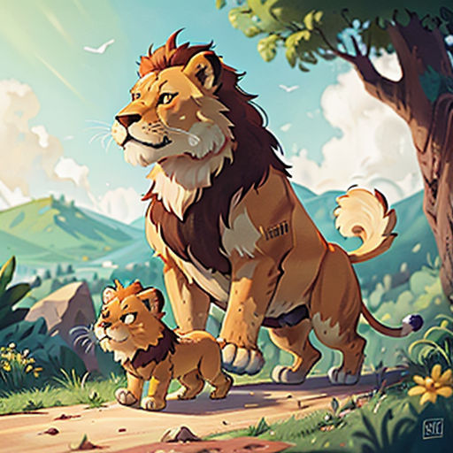a lion and a baby lion walking through a forest with mountains in the background and clouds in the sky