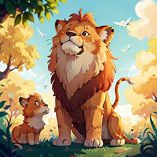 a lion and a baby lion sitting in the grass in front of trees and birds flying overhead, with a blue sky in the background