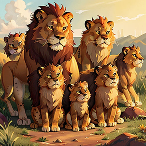 a group of lions standing on top of a lush green field next to a forest filled with trees and bushes