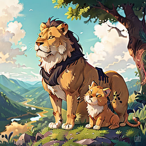 a lion and a kitten sitting on a hill with a tree in the background and a mountain in the background