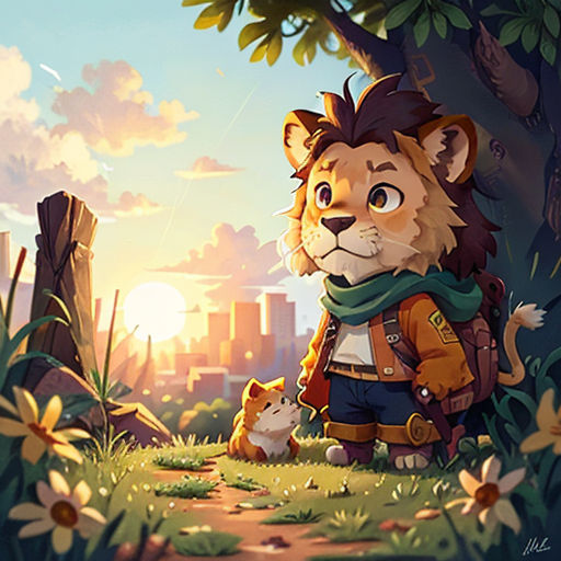 a lion with a backpack standing in the grass near a tree and a cat with a scarf around its neck