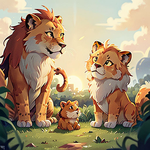 a couple of lions sitting next to each other on a field of grass and trees with a sky background