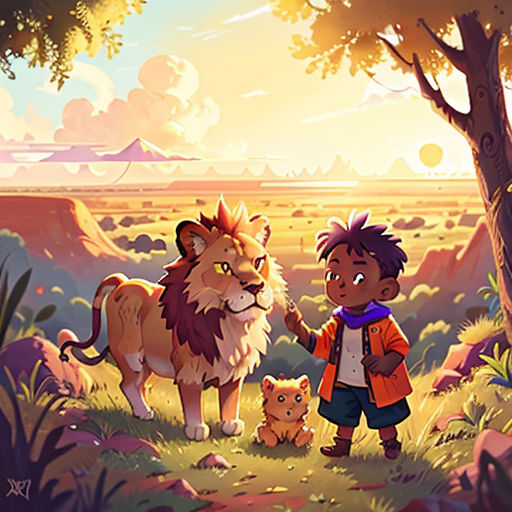 a boy and a lion are standing in the grass with a dog and a cat in front of them