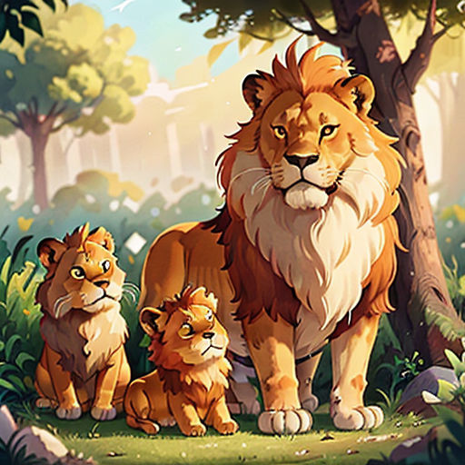 a lion family standing in the middle of a forest with a baby lion in the foreground and a larger lion in the background