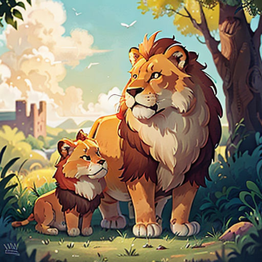 a lion and a cub standing in the grass by a tree with a castle in the background and clouds in the sky