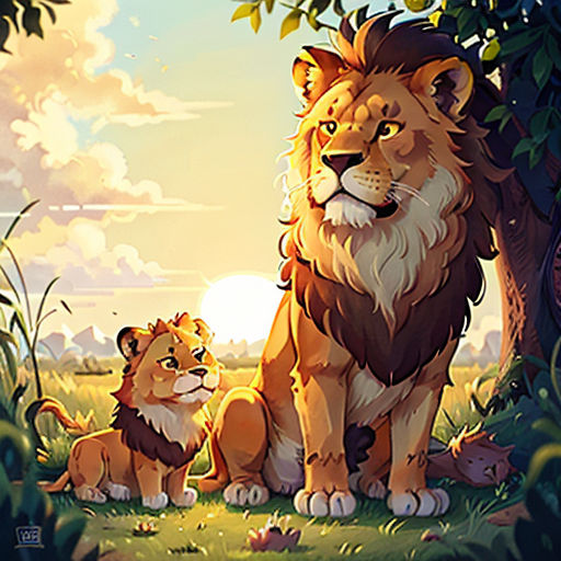 a lion and a lion cub sitting in the grass under a tree with the sun setting behind them and clouds in the sky