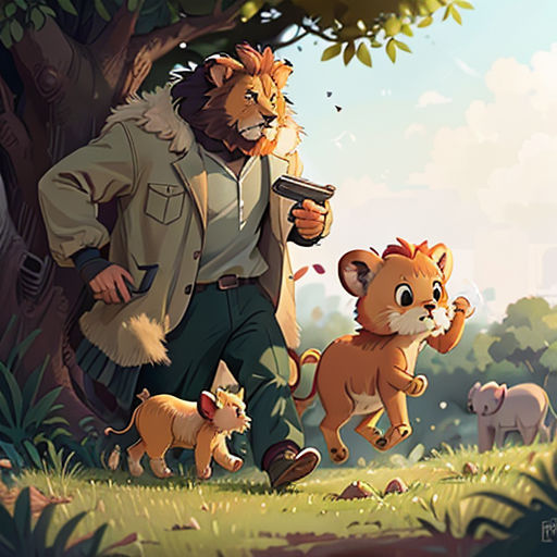 a man holding a gun next to a lion and a lion cub in a forest with other animals around him
