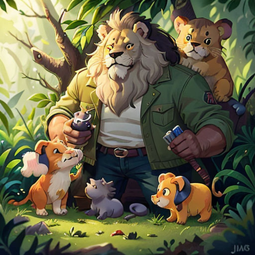 a man with a beard and a beard holding a camera in front of a forest filled with animals and plants
