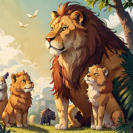 a group of lions standing in the grass near trees and buildings with a bird flying above them, and a bird flying above them