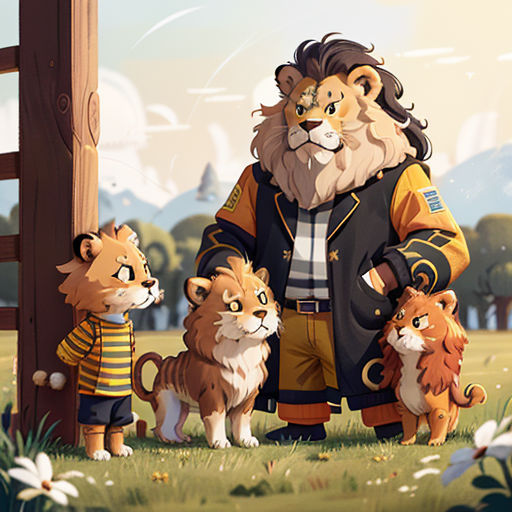a man standing next to two dogs and a cat in a field with flowers and trees in the background