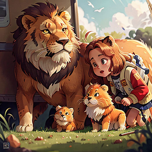 a girl and a lion are standing in the grass near a trailer with a child on it and a dog