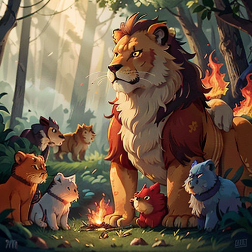 a group of animals standing in the middle of a forest with a fire in the middle of the forest