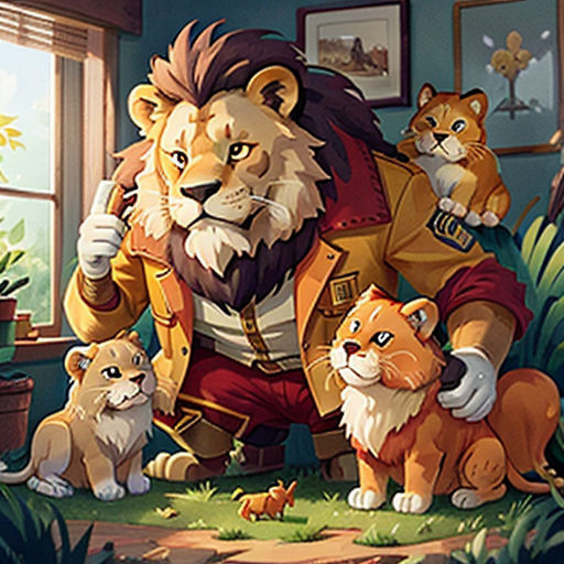 a lion and two cubs in a room with a window and a painting of a man holding a sword