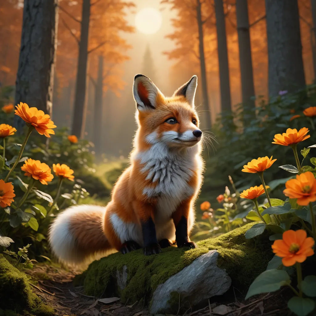 a fox sitting on a mossy rock in a forest with orange flowers and trees in the background,, furry art, a 3D render, Arie Smit, animal photography