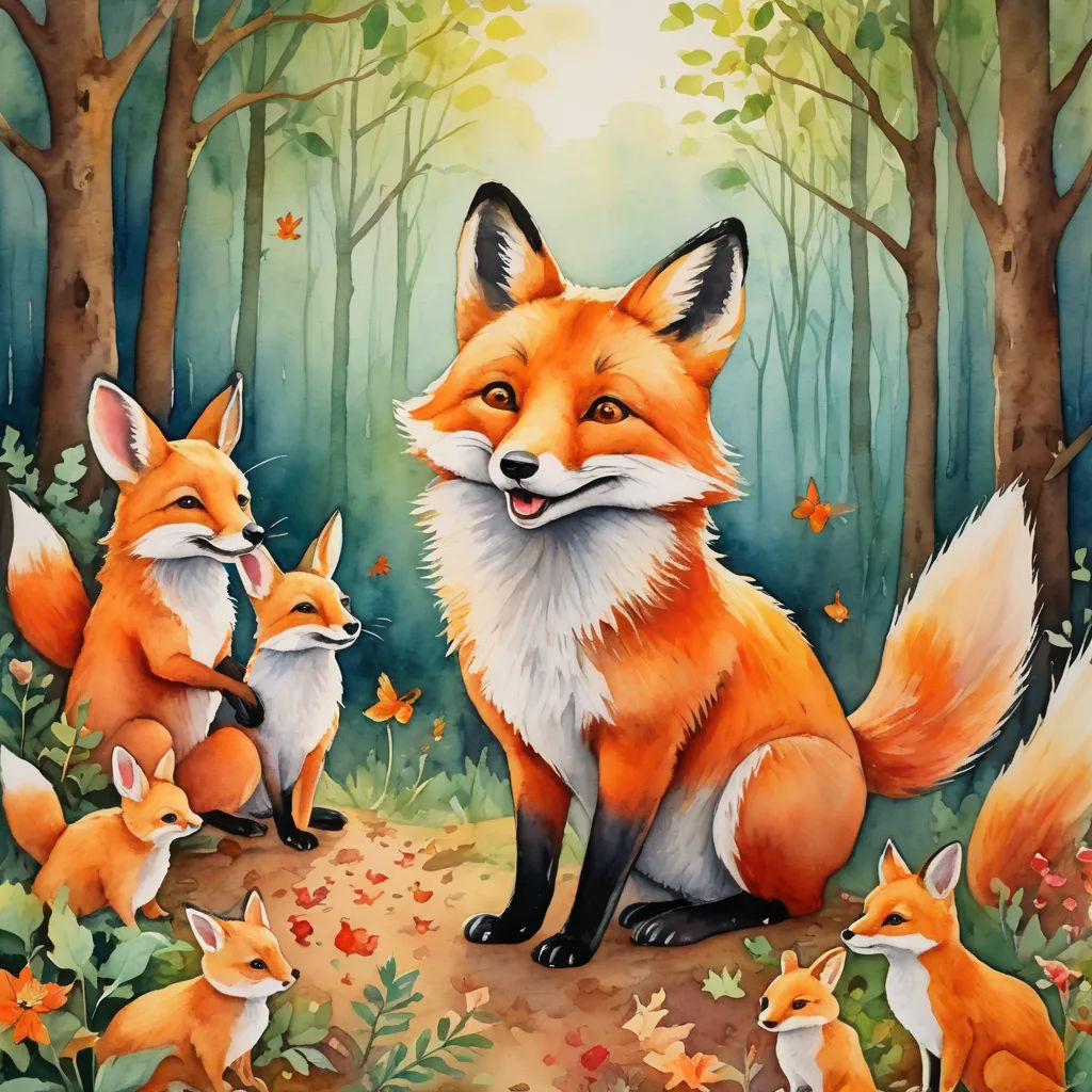 a painting of a fox and her cubs in the woods with leaves on the ground and trees in the background, furry art, a storybook illustration, Aaron Jasinski, official art