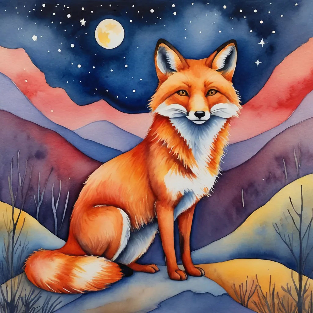a painting of a fox sitting on a hill at night with the moon in the sky above it and stars in the sky, furry art, a watercolor painting, Alison Kinnaird, night sky