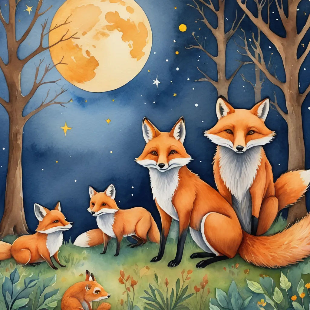 a painting of three foxes in a forest at night with the moon in the background and stars in the sky, folk art, a storybook illustration, Elinor Proby Adams, storybook illustration