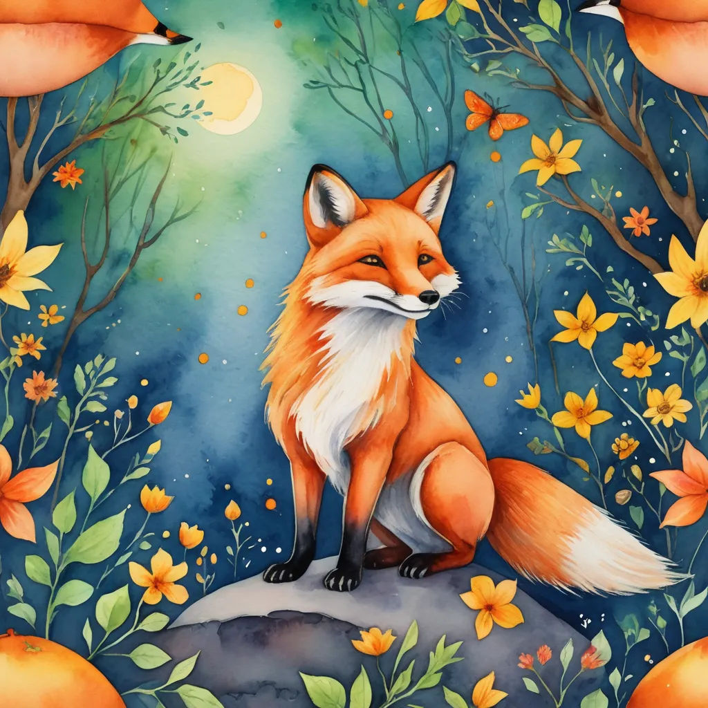 a painting of a fox sitting on a rock in a forest with flowers and butterflies around it, with a full moon in the background, fantasy art, a detailed painting, Annabel Kidston, in gouache detailed paintings