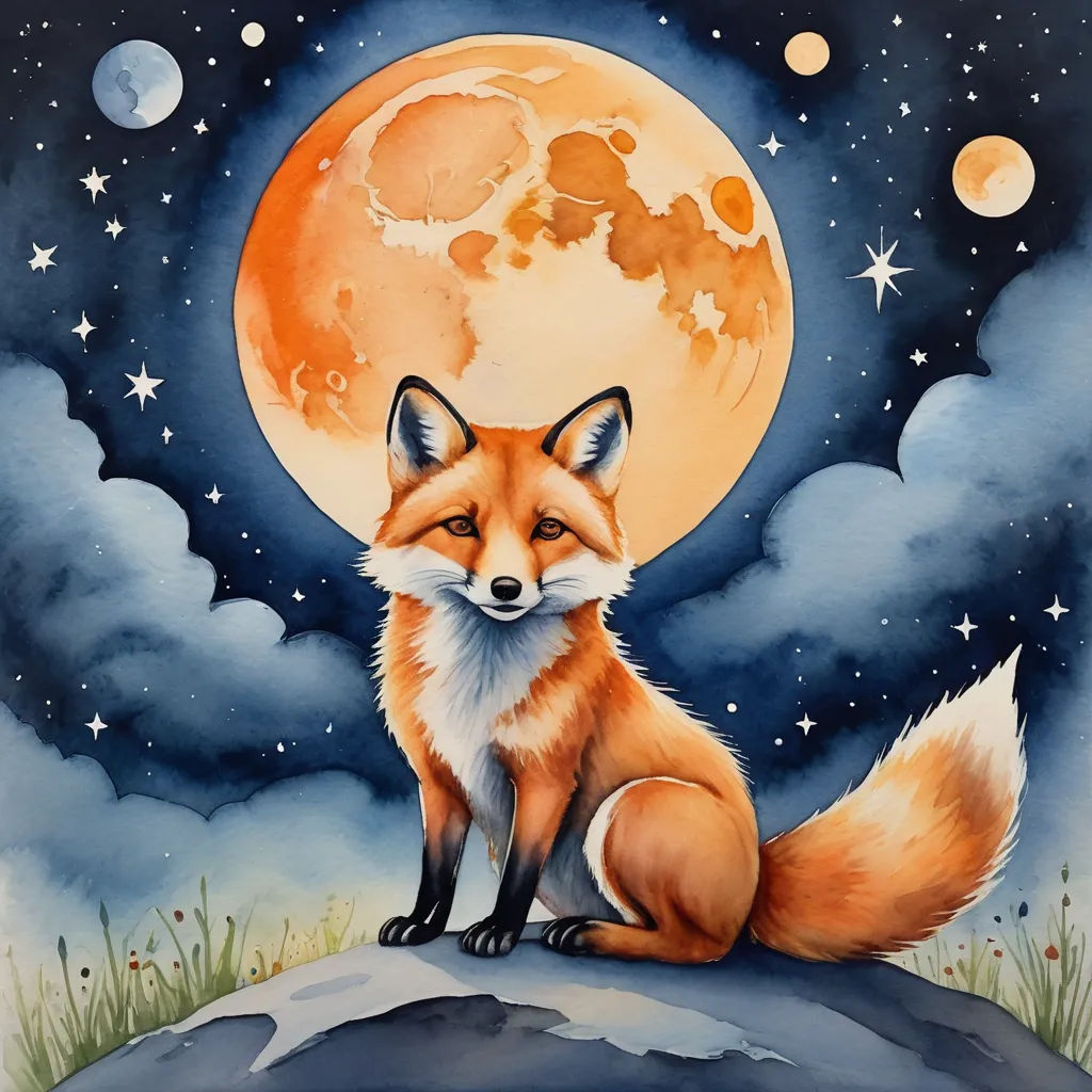a painting of a fox sitting on a rock with the moon in the background and stars in the sky, space art, a watercolor painting, Caspar Wolf, full moon