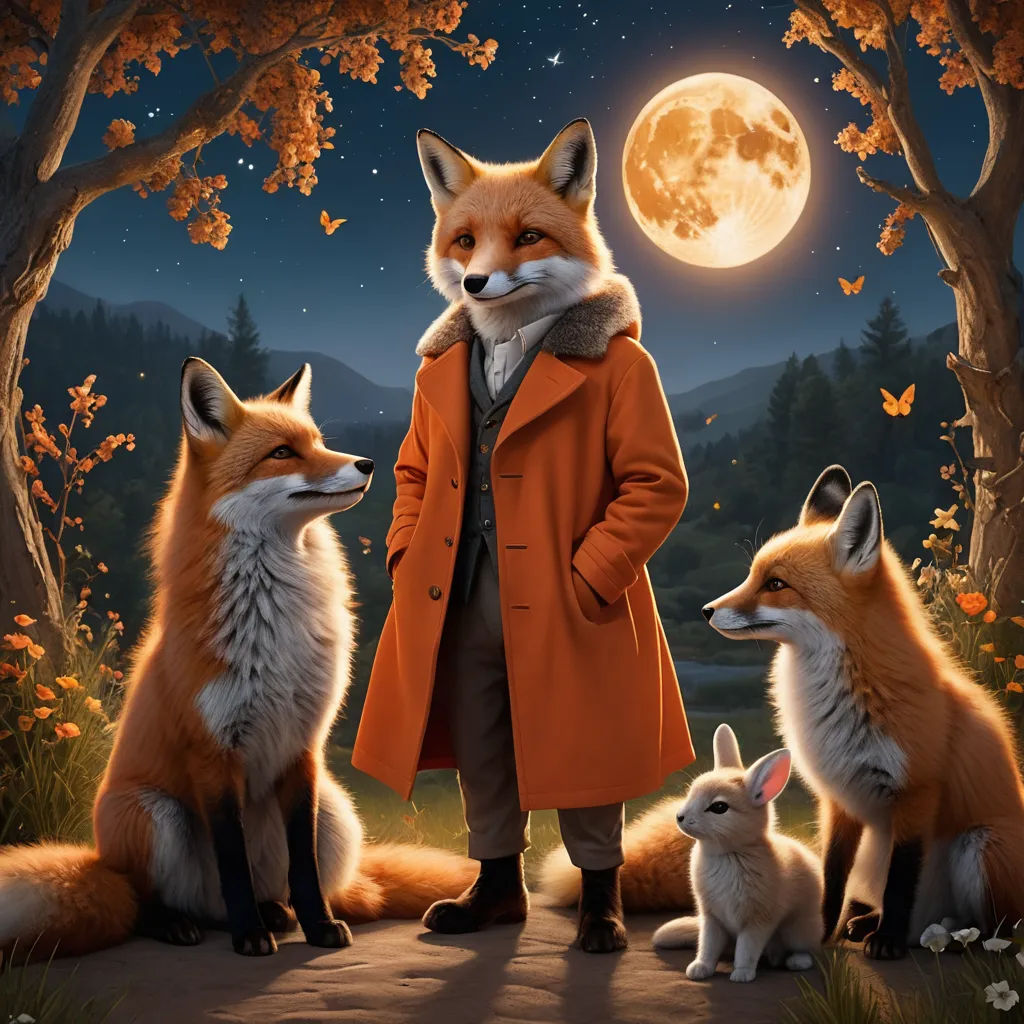 a painting of a man and two foxes in a forest at night with a full moon in the background, furry art, a storybook illustration, Chris LaBrooy, highly detailed digital painting