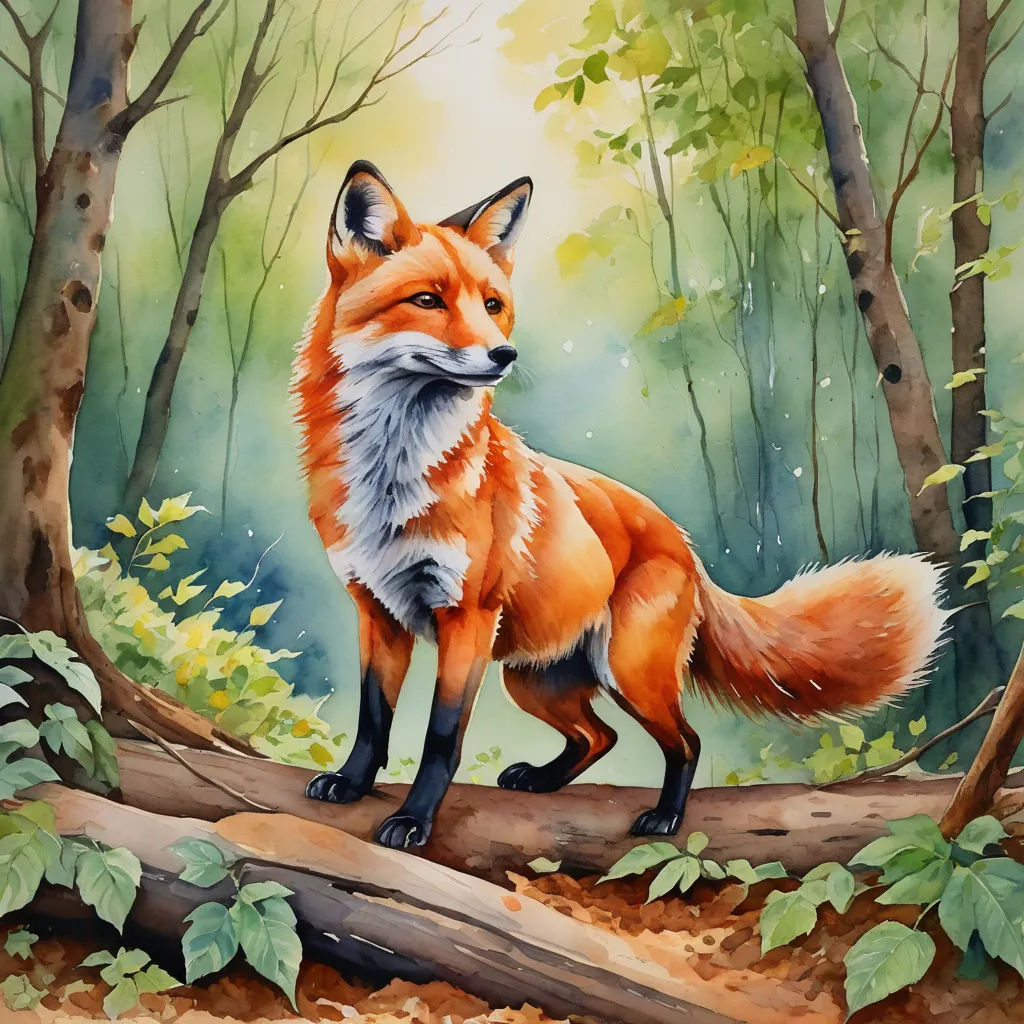 a painting of a fox standing on a log in the woods with leaves around it and a forest background, furry art, an airbrush painting, Anato Finnstark, in gouache detailed paintings