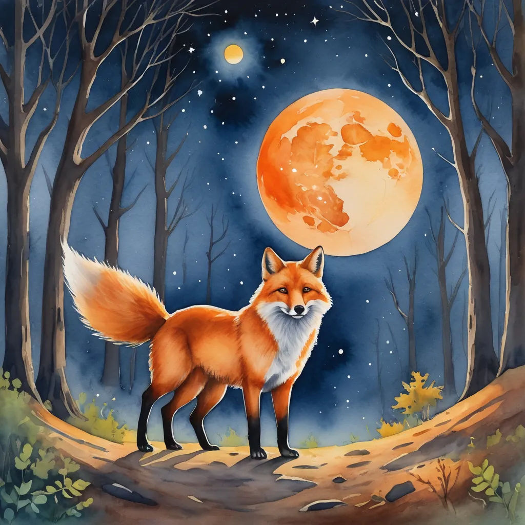 a painting of a fox standing in a forest with a full moon in the background and trees and leaves, fantasy art, a storybook illustration, Anato Finnstark, comic cover art