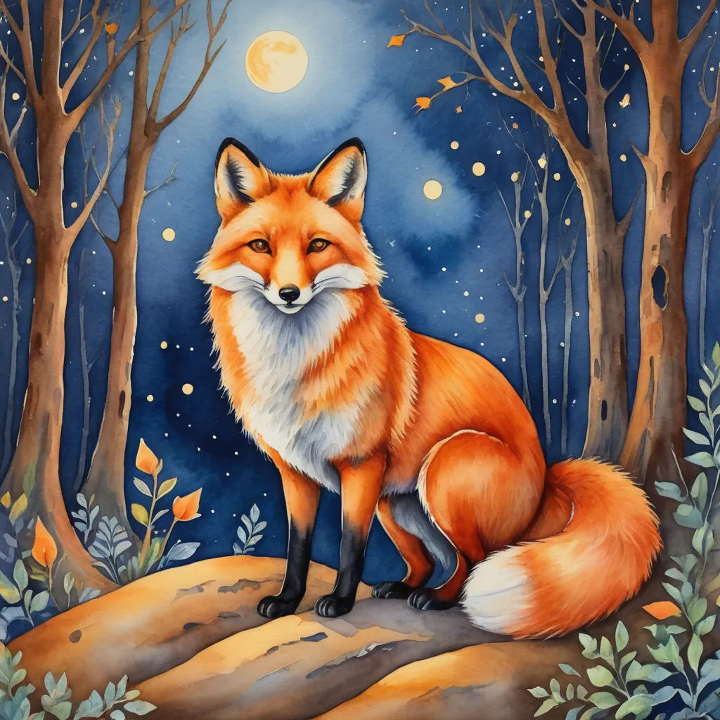 a painting of a fox sitting on a rock in the woods at night with the moon in the background, fantasy art, a watercolor painting, Anato Finnstark, in gouache detailed paintings