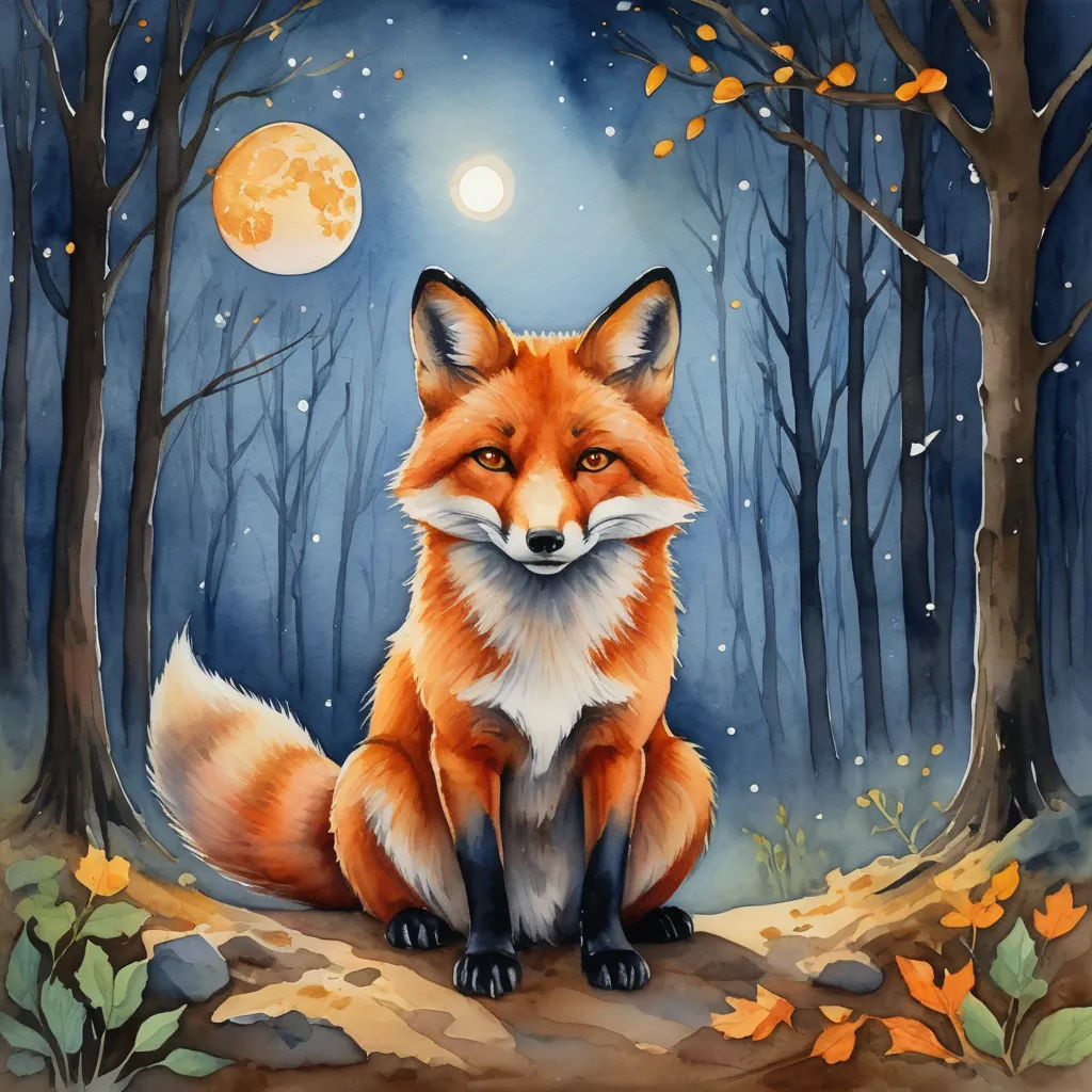 a painting of a fox sitting in the woods at night with a full moon in the background and leaves on the ground, fantasy art, a storybook illustration, Alison Kinnaird, storybook illustration