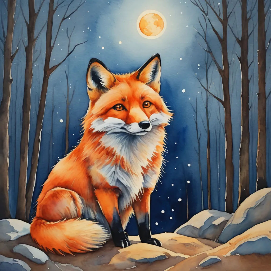 a painting of a fox sitting on a rock in the woods at night with a full moon in the background, fantasy art, an airbrush painting, Anato Finnstark, in gouache detailed paintings