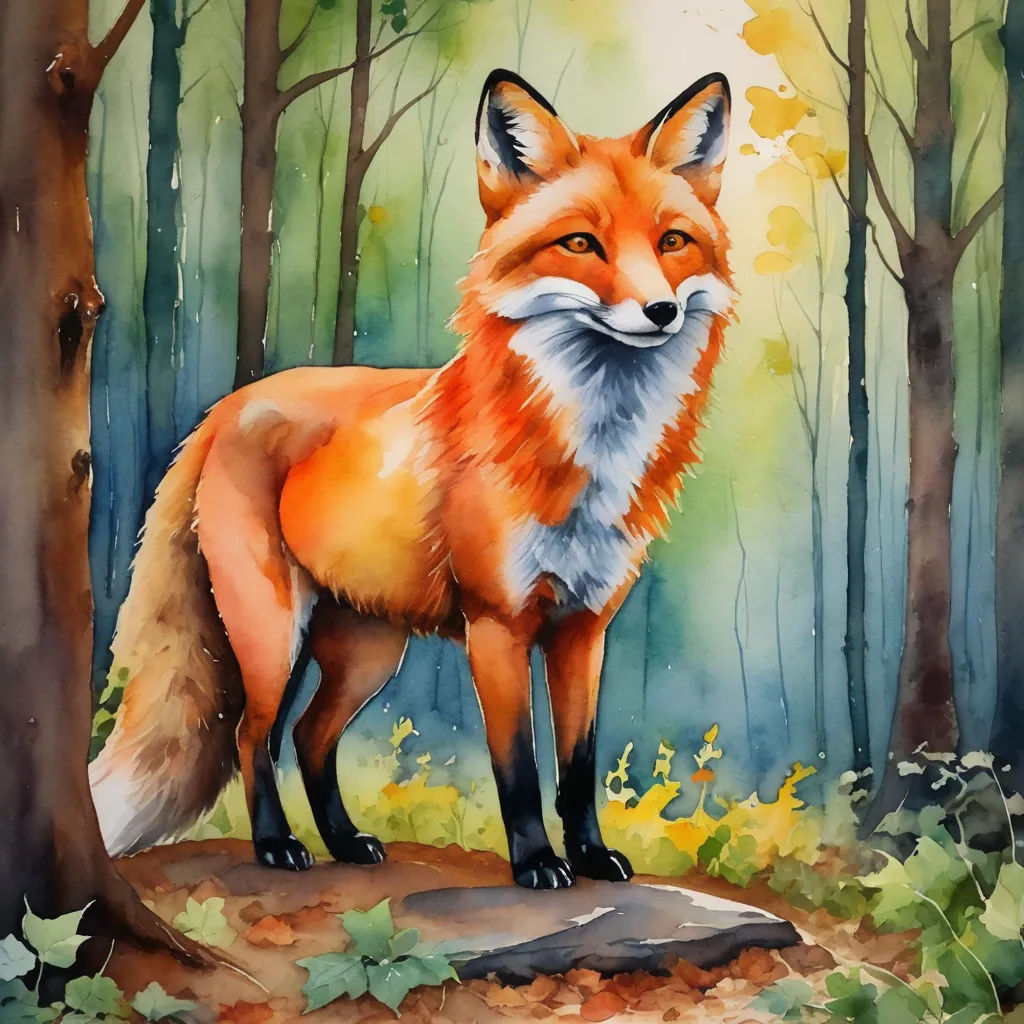 a painting of a fox standing in the woods with leaves on the ground and trees in the background, with a bright yellow sky, furry art, a watercolor painting, artist, watercolor
