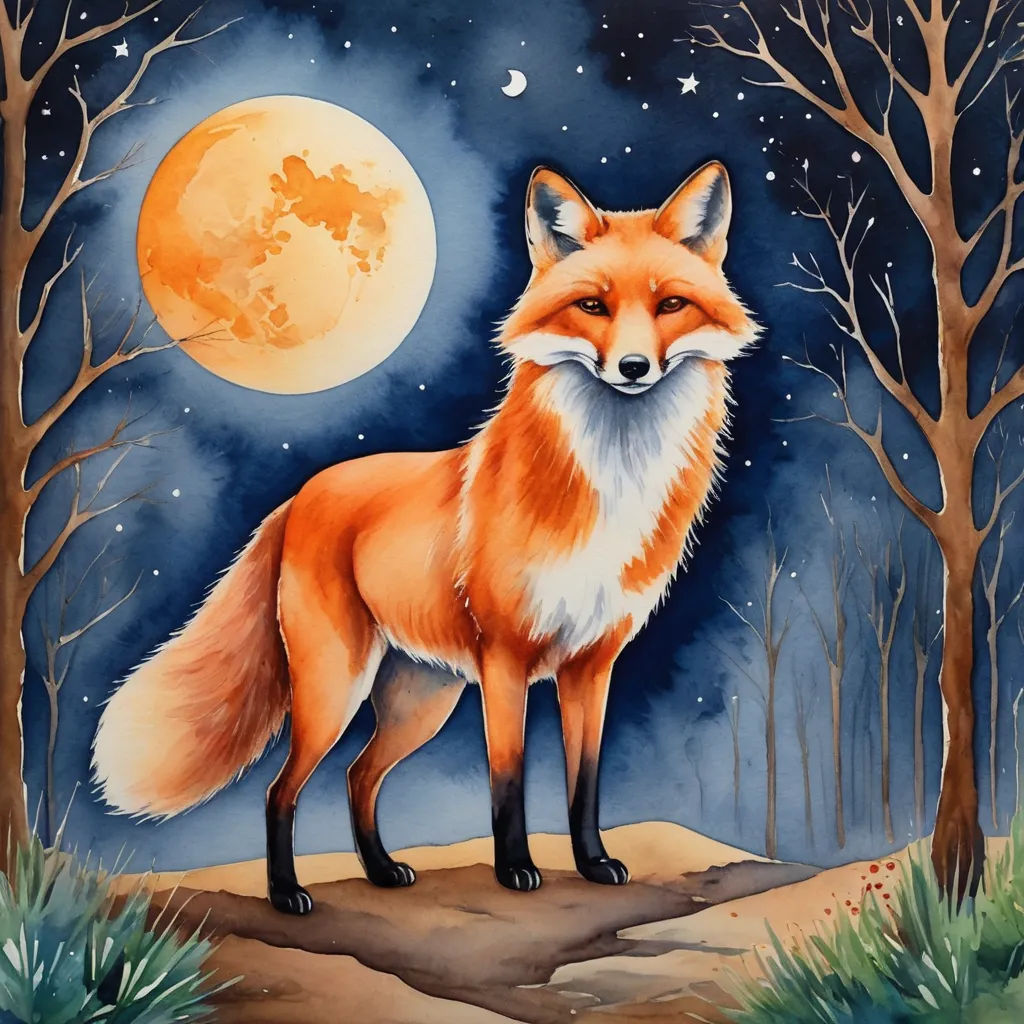 a painting of a fox standing in the woods with a full moon in the background and trees and grass, furry art, an airbrush painting, Caspar Wolf, full moon