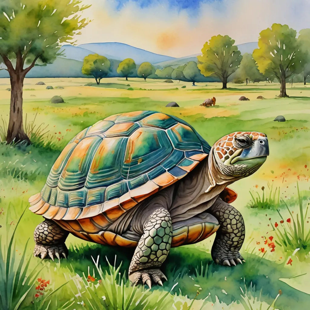 a painting of a turtle in a field with trees and grass in the background, with a sky background, massurrealism, a detailed painting, Chris LaBrooy, professional digital painting