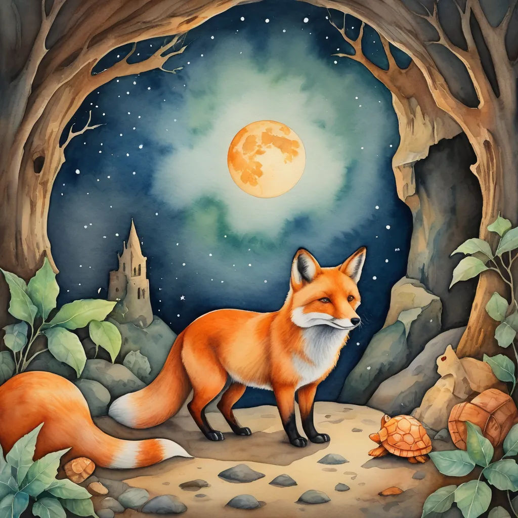 a painting of a fox and a turtle in a forest with a full moon in the background and a tree with leaves, fantasy art, a storybook illustration, Amy Weber, storybook illustration