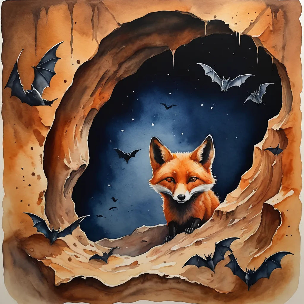a painting of a fox in a cave with bats flying around it and a bat flying in the sky, pop surrealism, an airbrush painting, Alexander Jansson, in gouache detailed paintings