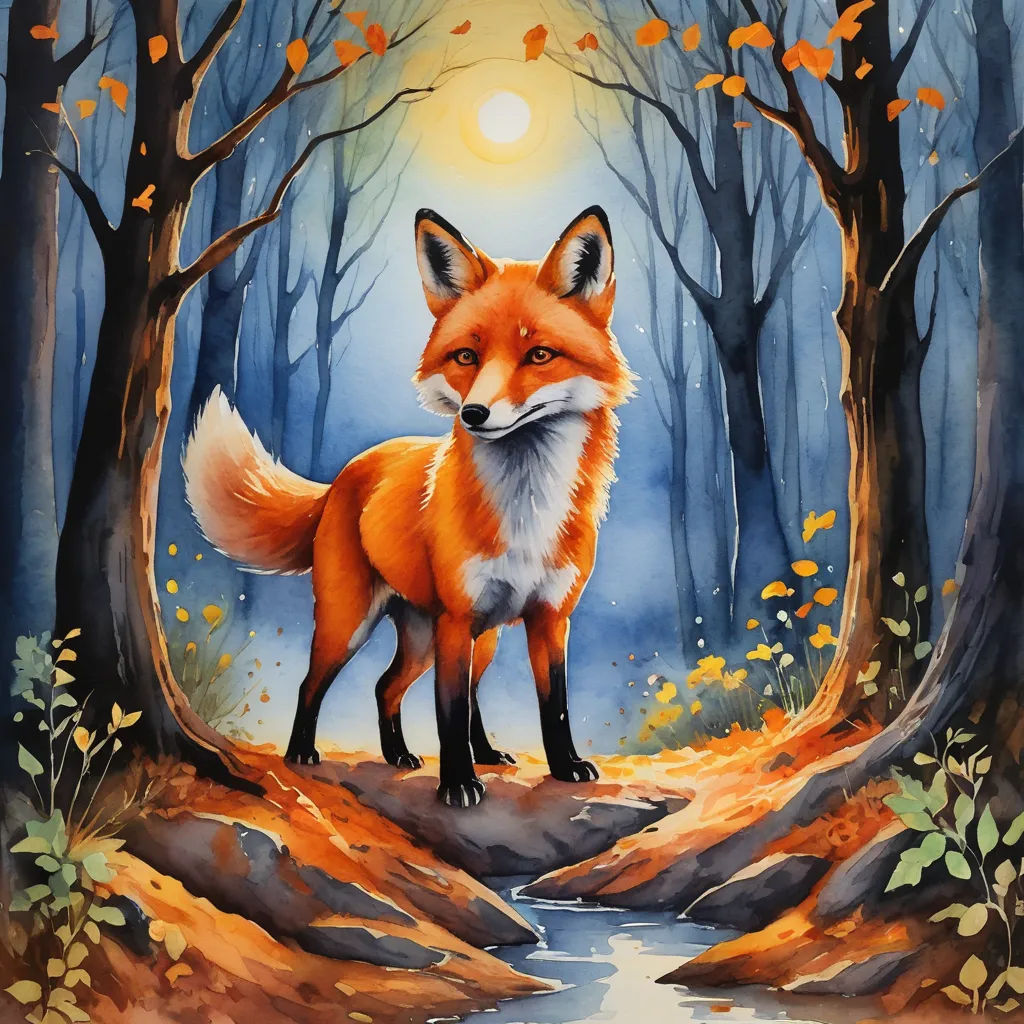 a painting of a fox standing in a forest with a stream running through it's sides and trees, furry art, a watercolor painting, Anato Finnstark, autumn