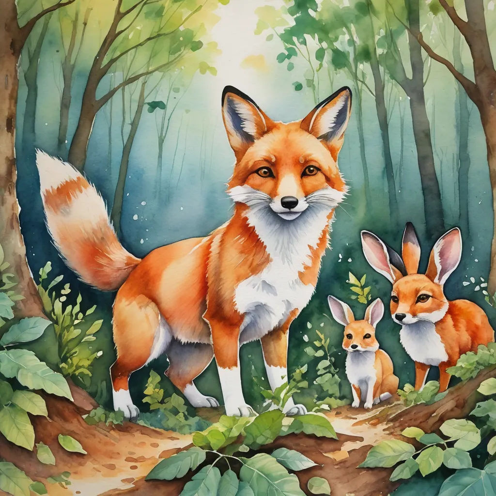 a painting of two foxes in a forest with leaves and a tree trunk with a baby fox standing next to it, furry art, a watercolor painting, Florianne Becker, official art