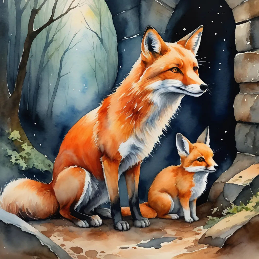 a painting of a fox and its cub sitting on a rock ledge in a forest at night with a full moon, furry art, a storybook illustration, Caspar Wolf, storybook illustration