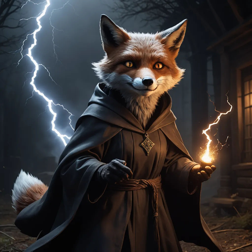 a fox dressed as a wizard holding a lite up lighter in its hand and lightning in the background, furry art, a 3D render, Cedric Seaut (Keos Masons), unreal engine 5 quality render