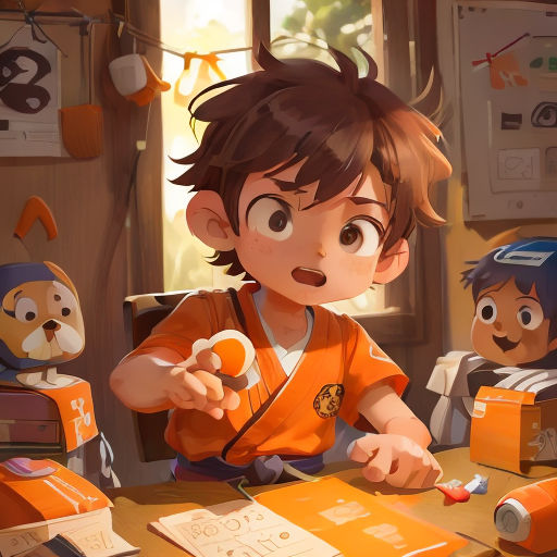 a boy is sitting at a table with a pair of scissors in his hand and another boy is holding a paper