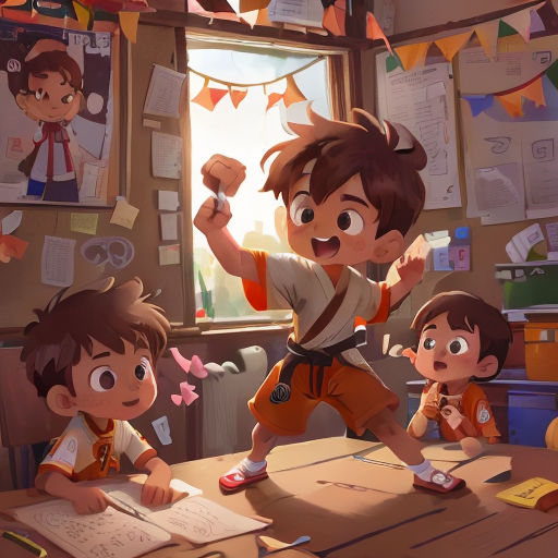 a group of children standing around a table in a room with papers and papers on it, and a boy raising his fist