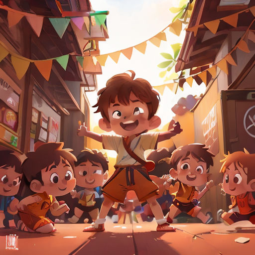 a group of children standing in front of a crowd of people on a street with a banner above them