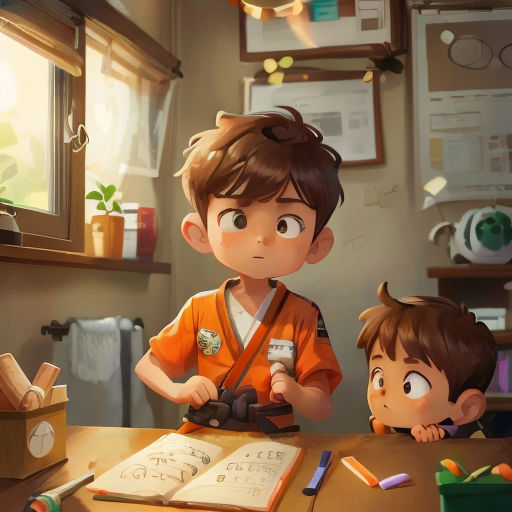 a boy and a boy are sitting at a table with an open book and a camera in front of them