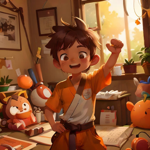 a boy with a goofy look on his face and a bunch of toys in the background, and a window with a picture of a cat