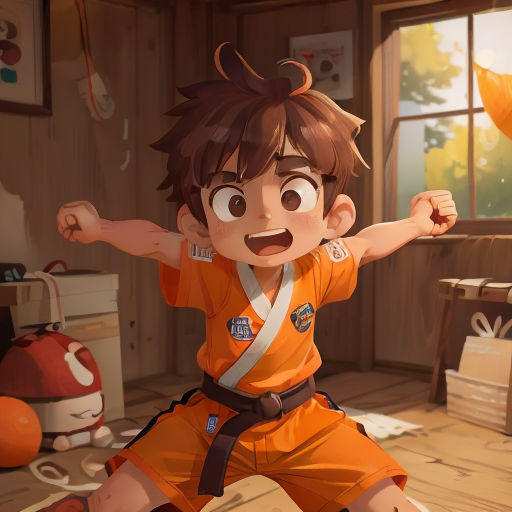 a boy in an orange uniform is dancing in a room with a window and a table with a lamp
